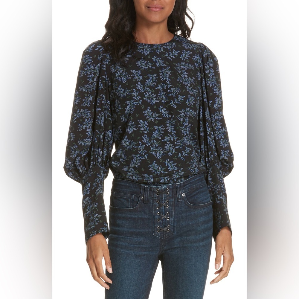 VERONICA BEARD 100% Silk Clarke Puff Sleeve Long Sleeve Top in Black/Blue - 6
